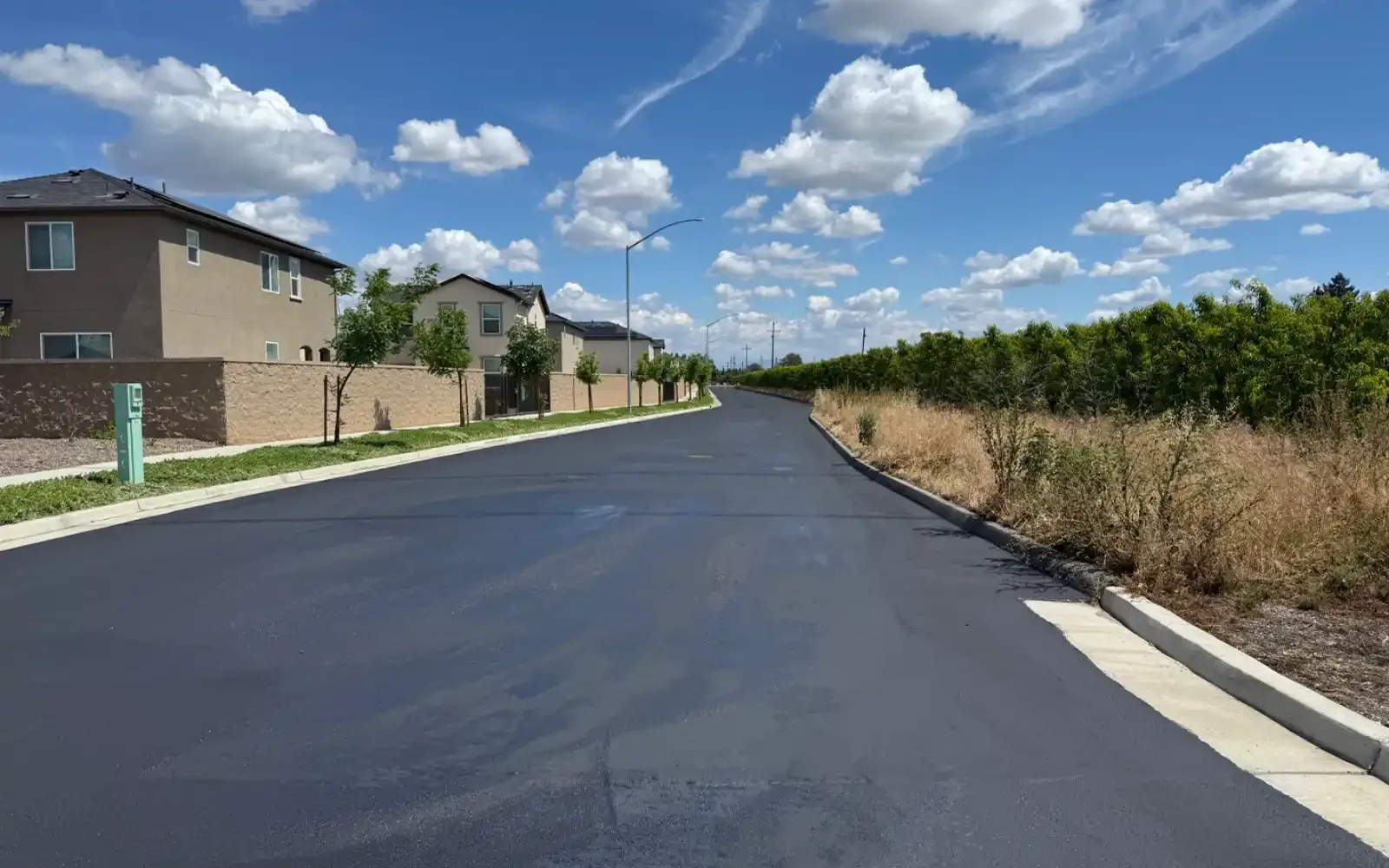 Freshly sealed lane beside an orchard and homes, asphalt sealcoating