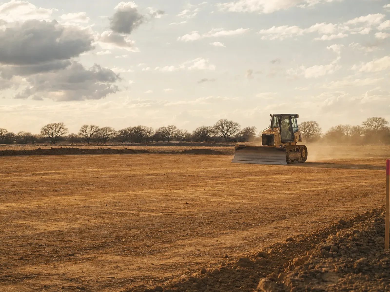 Dozer shaping a large flat dirt pad, grading drainage work